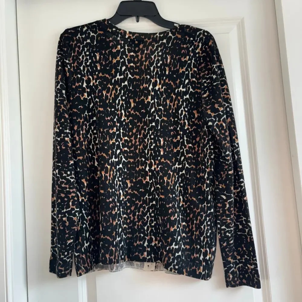 Talbots Leopard Print Cardigan Sweater L 100% Merino Wool Button Front